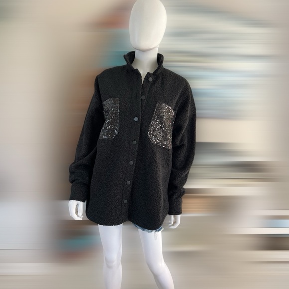 PEACH LOVE CALIFORNIA Black faux Sherpa sequin pocket jacket S M L - Picture 7 of 9